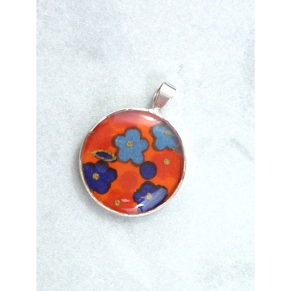 925 Sterling Silver Orange Japanese Washi Origami Paper Resin Round Pendant